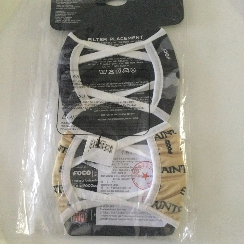 FOCO NFL NEW ORLEANS SAINTS 2 PACK FACE COVERINGS MASKS GLD BLACK UNISEX NWT